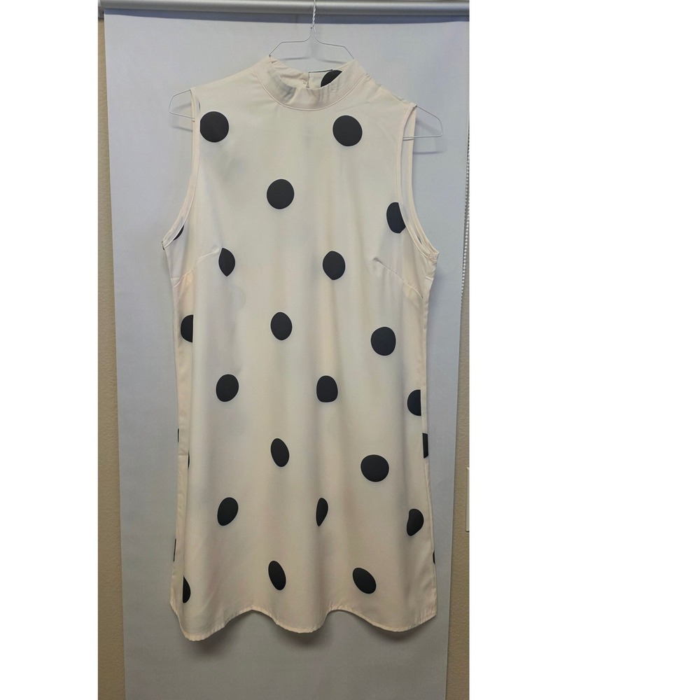 Womens XL Cream/Black Polka Dot Mock Neck Sleeveless Shift Dress Keyhole Back